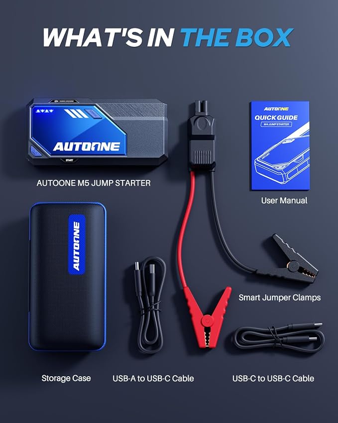 AUTOONE M5 9000A Car Jump Starter 12V Battery Jumper Starter Portable (All Gas/All Diesel) 168W DC Jump Box for Car Battery with Built-in Booster, Type-C Fast Charge & Jumper Cables Jump Pack