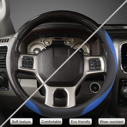 West Llama Customized Auto Car Steering Wheel Cover for Dodge RAM 1500 2500 3500, 15.5-16 inch (Black+Blue-Large Size)