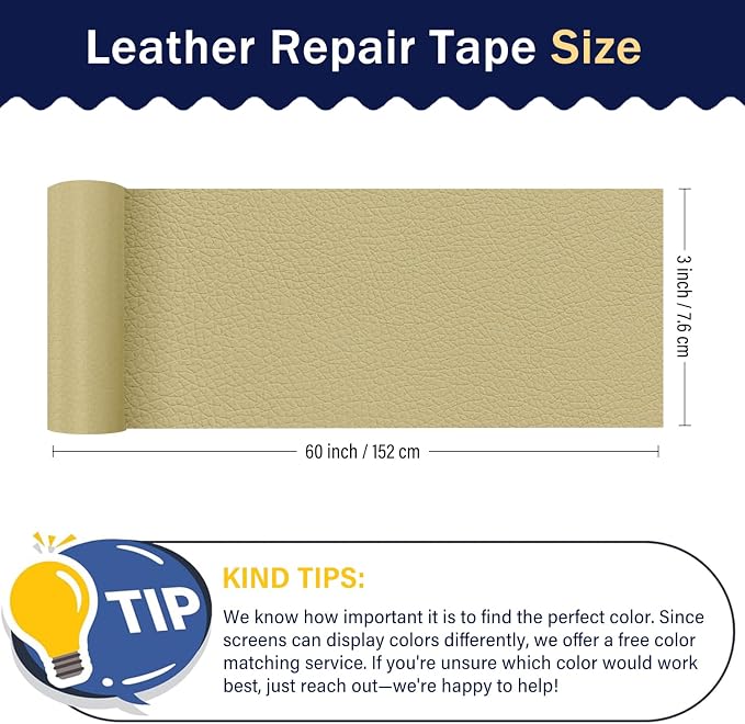 Zenyao Leather Repair Patch Tape - Self Adhesive Leather Repair Kit for Car Seat Furniture, Heavy Duty Vinyl Repair Patch for Couch Sofa, Waterproof Fix for Tears, 3x60 Inch Roll, White Khaki