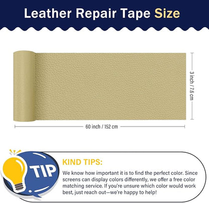 Zenyao Leather Repair Patch Tape - Self Adhesive Leather Repair Kit for Car Seat Furniture, Heavy Duty Vinyl Repair Patch for Couch Sofa, Waterproof Fix for Tears, 3x60 Inch Roll, White Khaki