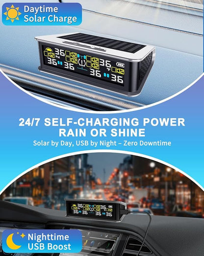 RV Tire Pressure Monitoring System, TPMS with 6 Sensors & 6 Alarm Modes, 0-144 PSI ±1.5PSI, Solar/USB Charging for Dually Trucks & Heavy-Duty Trailers