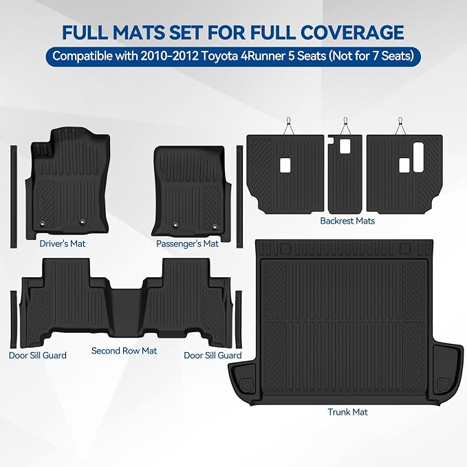 Custom Fit Floor Mats for 2010-2012 Toyota 4Runner 5 Seats (Not for 7 Seats), All Weather TPE Floor Liners & Trunk Mat & Backrest Mats & Door Sill Guard, Odorless Full Set Interior Accessories