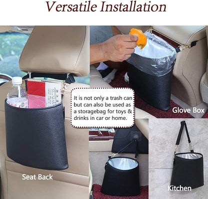 HerMia Hanging Car Trash Can Bin, Garbage Can PU Leather, Waterproof Litter Auto Trash Can for Travelling, Outdoor, and Vehicle (Black)