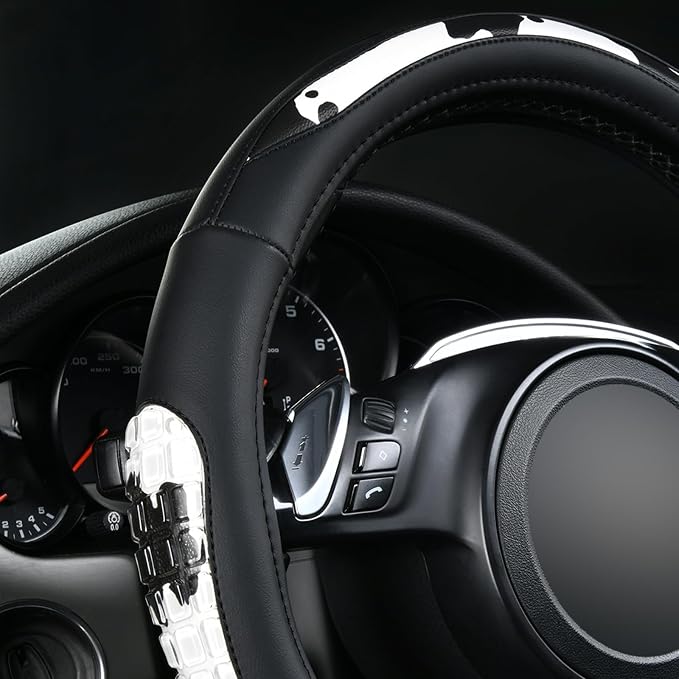Flying Banner car Steering Wheel Cover Gel Massage Velvet Cool Warm Universal Size 15 inches SUV Truck Anti Slip Odorless Summer Winter (Black Cow Print, Gel Massage)