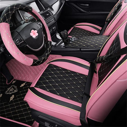SanQing Car Seat Covers Full Set, Super Luxurious Heavy Universal Duty Waterproof Leather Automotive Vehicle Cover for Cars SUV Pick-up Truck, Non-Slip Seat Pink Car Accessories(Pink Black