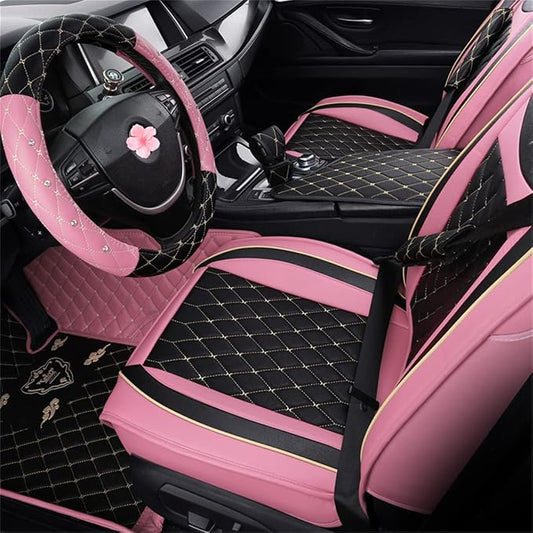 SanQing Car Seat Covers Full Set, Super Luxurious Heavy Universal Duty Waterproof Leather Automotive Vehicle Cover for Cars SUV Pick-up Truck, Non-Slip Seat Pink Car Accessories(Pink Black