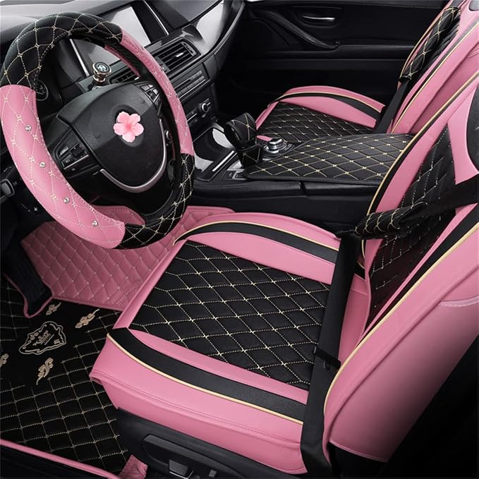 Car Seat Covers Front Seats, Super Luxurious Heavy Universal Duty Waterproof Leather Automotive Vehicle Cover for Cars SUV Pick-up Truck, Non-Slip Seat Pink Car Accessories (2 PCS Front/Black Pink)