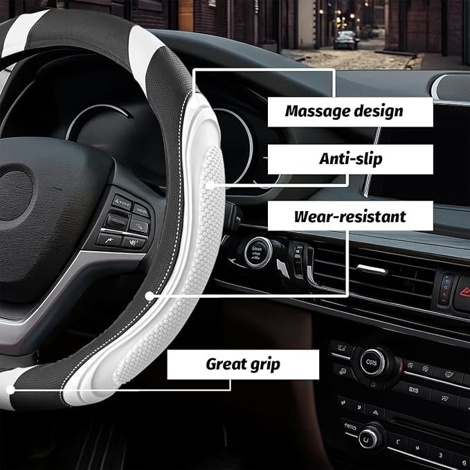 Osilly 15 Inch Car Leather Steering Wheel Cover, Automotive Accessories Elastic Breathable Anti-Slip Soft Wheel Protector Fits Men and Women, Suitable for SUVs, Trucks, Vehicles and RVs (White)
