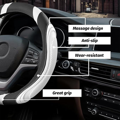 Osilly 15 Inch Car Leather Steering Wheel Cover, Automotive Accessories Elastic Breathable Anti-Slip Soft Wheel Protector Fits Men and Women, Suitable for SUVs, Trucks, Vehicles and RVs (White)