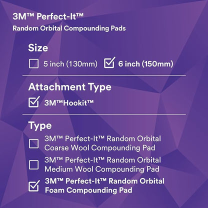 3M Perfect-It Random Orbital Foam Compounding Pad, 6"/150 mm, White, 34126, for Automotive Compounding and Polishing
