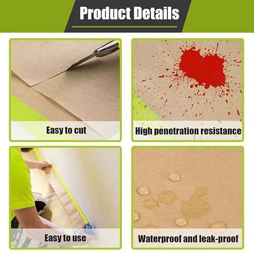 Tape and Drape, 12” x 50 feet Masking Paper for Painting, Pre-Taped Masking Paper with Adhesive, Paint Tape, Car Protection Covering Paper for Car and Furniture, Floor (1 Pack)