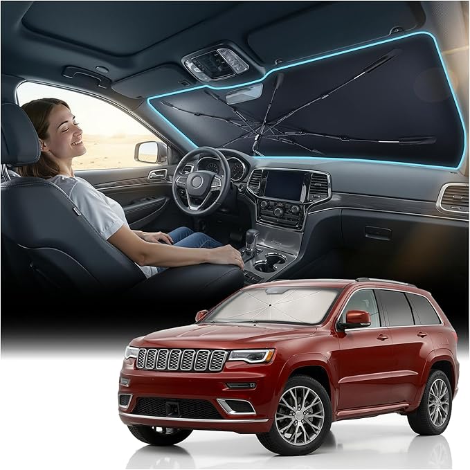 Nmoiss Windshield Sun Shade Umbrella for Jeep Grand Cherokee 2011-2026 Accessories, [Vinyl Coating Heat Shield] Protect Car from Sun Rays & Heat Damage Keep Cool and Protect Interior