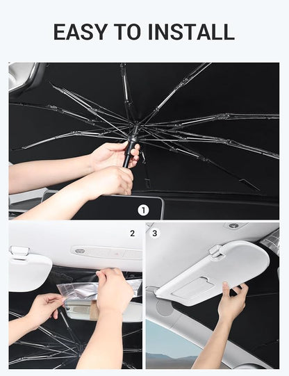 BASENOR 2017-2026 Tesla Model Y Model 3 Windshield Sunshade Umbrell [Nano Ice Crystal Particle] Front Window Shade, Coating 100% Heat Protection Retractable Sunshades