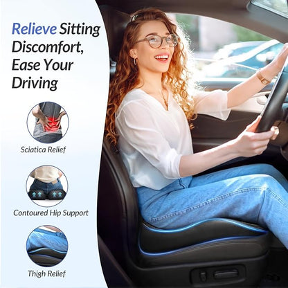 ZIKEE Leather Car Seat Cushion for Driving Relieves Tailbone & Thigh Pain, Ergonomic Dual Memory Foam Seat Cushion for Car, Raised Back for Wider Vision, Rub-Resistant & Easy-to-Clean Cover, Non-Slip