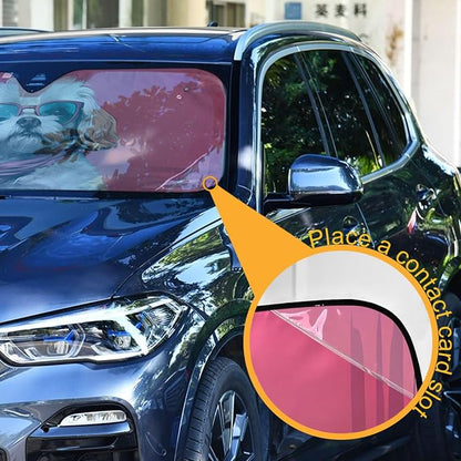 Cars Front Sun Shade Windshield,Foldable Reflective Sun Visor Cute Dog Maltipoo Pink Windshield Sunshade Cover,Blocks UV Ray Sun Protect Interior Keep Cool,57" x 31.5 "Inc