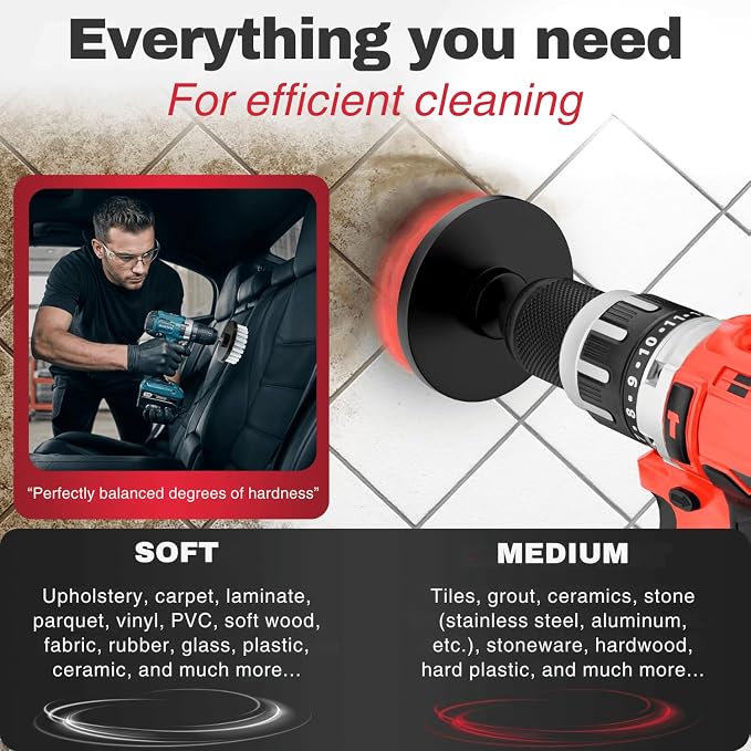Drill Brush Attachments for Cleaning [Set of 6] Universally Cleans Cars, Rims, Upholstery, Tiles, and More I Brush Drill Attachment for Cleaning I Drill Brush for Car Detailing (Red-White-Black)