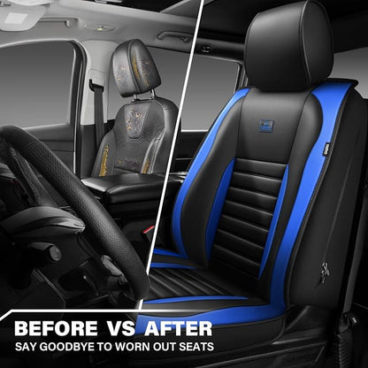 CAR PASS Nappa Leather Car Seat Covers Front Seats, Luxury Seat Protector for Cars, Waterproof Anti-Slip Seat Cushion Airbag Compatible Universal for SUV Pick-up Truck Automotive Vehicle,Black Blue