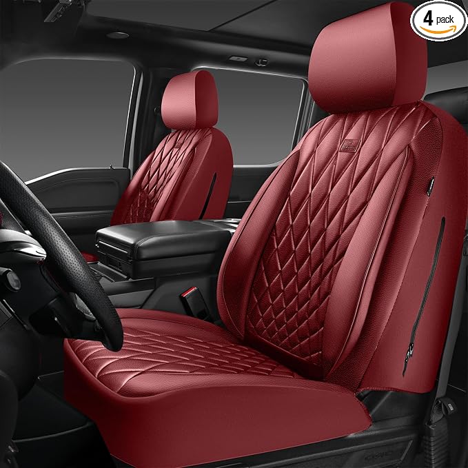 CAR PASS Piping Luxury Faux PU Leather Two Front Car Seat Covers, Waterproof Anti Slip Premium Automotive Seat Covers,Universal Fit for Suvs,Vans,Trucks, Armrest Airbag Compatible, Burgundy Red