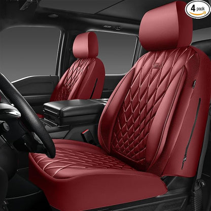 CAR PASS Piping Luxury Faux PU Leather Two Front Car Seat Covers, Waterproof Anti Slip Premium Automotive Seat Covers,Universal Fit for Suvs,Vans,Trucks, Armrest Airbag Compatible, Burgundy Red
