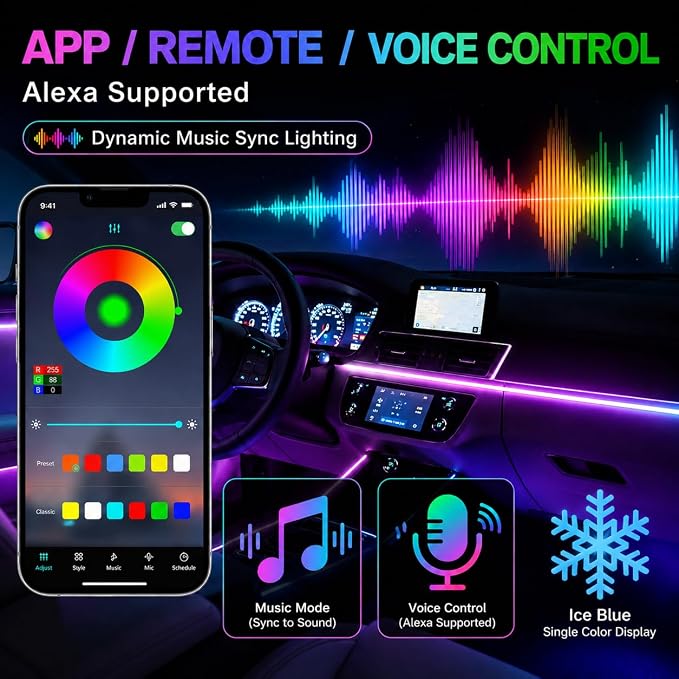 Acrylic Interior Car Ambient Lighting Kits, LED Strip Lights with Wireless APP, Neon Fiber Optic Lights Function LED Strip for Car with Music Modes (6 in 1)