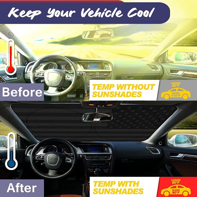 IC ICLOVER American Flag Windshield Sun Shade, 240T Polyester Car Sun Visor Blocks Heat and UV Rays Sun Protection, Foldable Sun Shield Keeps Your Vehicle Cool (Medium 59x33in)