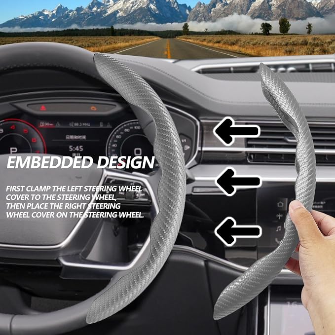 2pcs Universal Fit Carbon Fiber Steering Wheel Cover, Anti-Skid Steering Wheel Cover/Segmented Steering Wheel Protector/Car Interior Accessories (Gray)