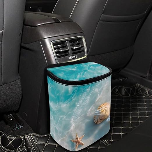 Talayituse Starfish Beach Seahells Print Car Trash Can with Lid, Leak Proof Auto Trash Bag Hanging Vehicle Garbage Can Multipurpose Storage Container for Back Seat Road Trip