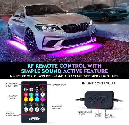 Xprite Double Row RGB LED Car Underglow Bluetooth Lights Strip, 4 PCS Underbody Neon Cars Exterior Glow Light Kit w/APP Control & Wireless Remote, Universal for Vehicles SUV Trucks Pickups Vans