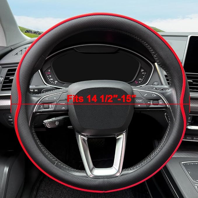 HAOTULE Leather Steering Wheel Cover， with Anti-Slip Stripe Design - Enhanced Grip, Fashion Style, Safe, Non-Slip, Breathable. Upgrade car Interior，Black red