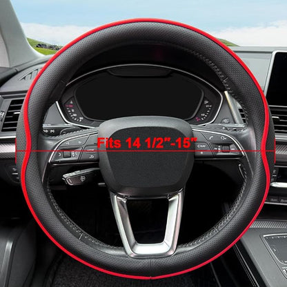 HAOTULE Leather Steering Wheel Cover， with Anti-Slip Stripe Design - Enhanced Grip, Fashion Style, Safe, Non-Slip, Breathable. Upgrade car Interior，Black red
