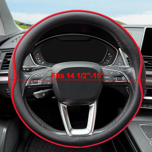 HAOTULE Leather Steering Wheel Cover， with Anti-Slip Stripe Design - Enhanced Grip, Fashion Style, Safe, Non-Slip, Breathable. Upgrade car Interior，Black red