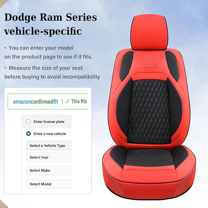 Coverado Dodge Ram 1500 Seat Covers, Faux Leather Full Coverage Car Seat Covers Truck Seat Protector Fit for 2009-2018 Ram 1500 2500 3500 Crew/Mega Cab, Flat Front/Red