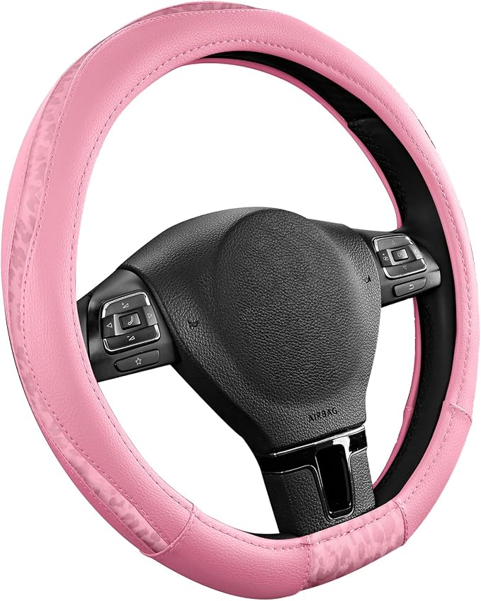 Road Comforts Steering Wheel Cover - Flat Bottom Wheel Cover Made with PVC Leather and Leopard Fabric - Universal Fit for 15-Inch D-Shaped Automotive Steering Wheels (All Pink)