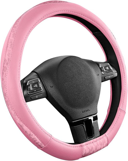 Road Comforts Steering Wheel Cover - Flat Bottom Wheel Cover Made with PVC Leather and Leopard Fabric - Universal Fit for 15-Inch D-Shaped Automotive Steering Wheels (All Pink)