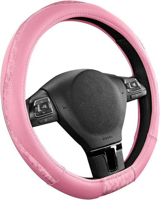 Road Comforts Steering Wheel Cover - Flat Bottom Wheel Cover Made with PVC Leather and Leopard Fabric - Universal Fit for 15-Inch D-Shaped Automotive Steering Wheels (All Pink)