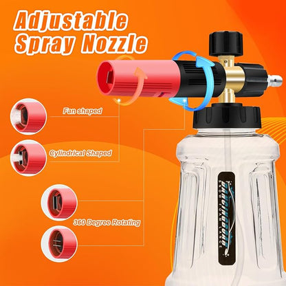 Foam Cannon For Pressure Washer, Car Wash Spray Gun with M22 and 1/4 Inch Quick Connector, 1L Bottle Foam Lance, Car Wash Foam Cannon Compatible With Most Pressure Washer (3600PSI, Red)