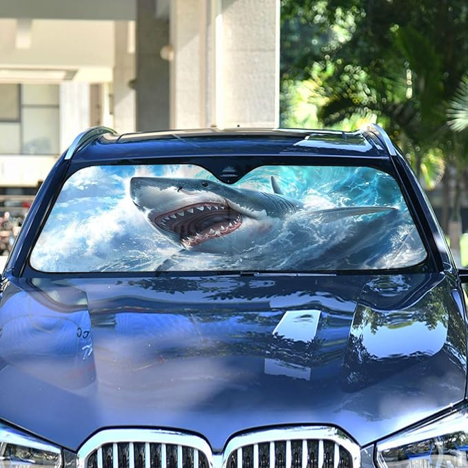 Windshield Sun Shade Cute Shark Blue Ocean Wave Front Window Block UV Shades Visor Reflective Retractable for Car SUV Trucks