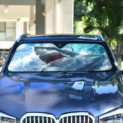 Windshield Sun Shade Cute Shark Blue Ocean Wave Front Window Block UV Shades Visor Reflective Retractable for Car SUV Trucks