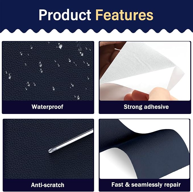 Zenyao Leather Repair Patch Tape - Self Adhesive Leather Repair Kit for Car Seat Furniture, Heavy Duty Vinyl Repair Patch for Couch Sofa, Waterproof Fix for Tears, 16x60 Inch Roll, Navy Blue