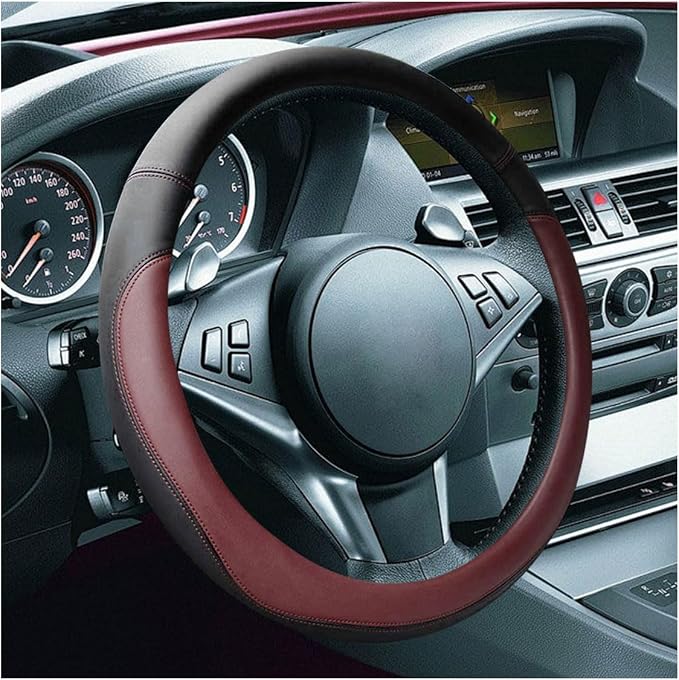 LAINLOY 14.5"-15" Car Steering Wheel Cover, Microfiber Leather Cover, Anti-Slip Breathable Steering Wheel Decoration, Universal Steering Wheel Accessories for Diverse Cars (Burgundy)