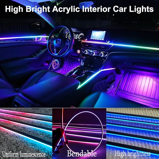 Acrylic Interior Car LED Lights with Remote and Wireless APP, Ambient Lighting Kits Fiber Optic Strip LEDs,16 Million Colors Music&DIY Function (8 in 1)