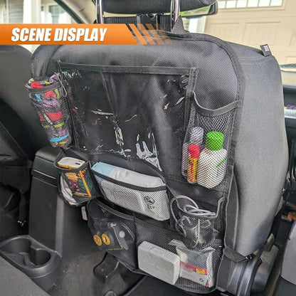 Car Backseat Organizer with 10'' Tablet Holder, Oxford Fabric Auto Seat Back Protector Kick Mats for Kids, Car Back Seat Storage Pockets Organizer, Essentials Travel Accessories for Road Trip (2PCS)
