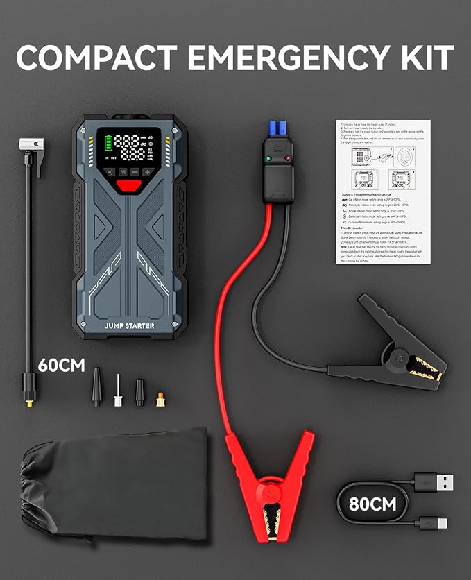 Jump Starter with Air Compressor, 4000A 12V Portable Car Jump Box, 150PSI Tire Inflator Battery Jumper Booster, Power Bank LED Flashlight, Car Emergency Kit for Vehicles (9.0L Gas / 8.0L Diesel)