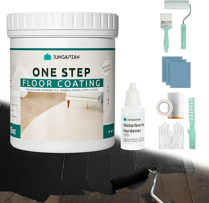 One Step Interior Floor Coating Kit, Water-based & Low Odor One-Step Floor Paint, High Hardness Waterproof Paint for Ceramic, Porcelain, Fiberglass, Hardwood, Laminate, Vinyl, 35OZ, Black