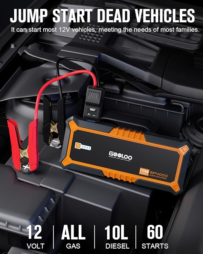 GOOLOO 4000A Peak Car Jump Starter 12V Auto Battery Booster SuperSafe Lithium Jump Box for All Gas, Up to 10.0L Diesel Engine, Portable Power Pack with USB Quick Charge and Type C Port, Orange