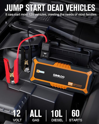 GOOLOO 4000A Peak Car Jump Starter 12V Auto Battery Booster SuperSafe Lithium Jump Box for All Gas, Up to 10.0L Diesel Engine, Portable Power Pack with USB Quick Charge and Type C Port, Orange