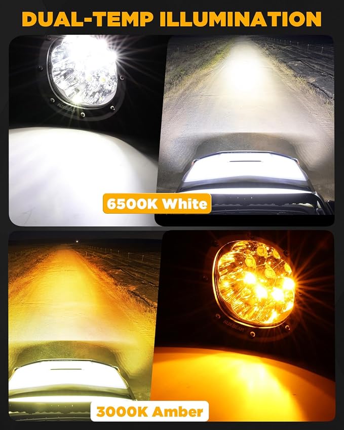Auxbeam 4 Inch Round Offroad Light, 90W LED Amber White Spot Strobe Light Pods with 6 Modes, Dual Color Flashing Driving Fog Lights Bar Plug & Play for Truck, Pickup, SUV, ATV, UTV, 4x4, Jeep