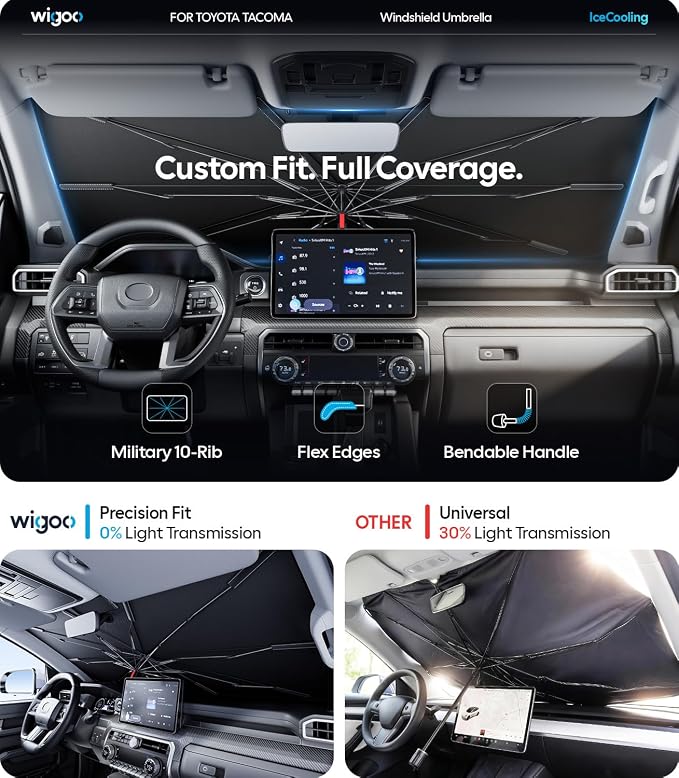Wigoo Windshield Sun Shade Umbrella for Toyota Tacoma 2016-2026 [100% Sun Blockage, Ice Cooling Fabric] Foldable Heat Insulation Front Window Sunshade Umbrella for Toyota Tacoma 2016-2026
