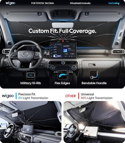 Wigoo Windshield Sun Shade Umbrella for Toyota Tacoma 2016-2026 [100% Sun Blockage, Ice Cooling Fabric] Foldable Heat Insulation Front Window Sunshade Umbrella for Toyota Tacoma 2016-2026