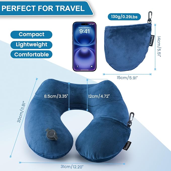 Keemall Inflatable Neck Pillow Airplane, Comfortable Inflatable Travel Neck Pillows for Airplanes Traveling on Plane, Soft Plush Cover Head Neck Rest Sleeping Long Flight for Car Train Office Home